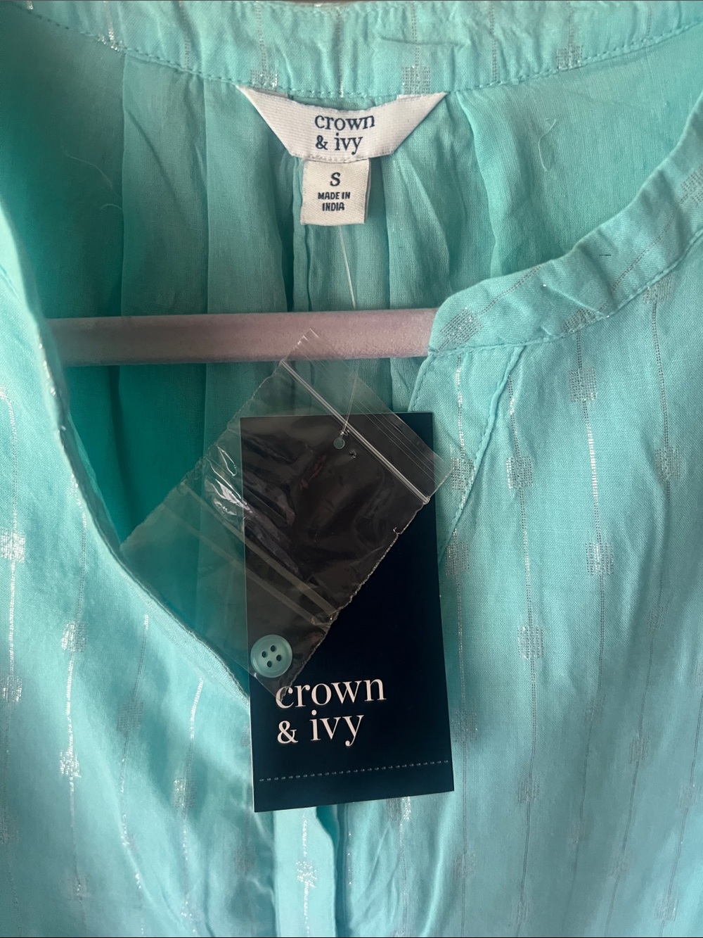 crown & ivy Mint Aqua Sleeveless Split-Neck Tank with Metallic Accents - Picture 2 of 3